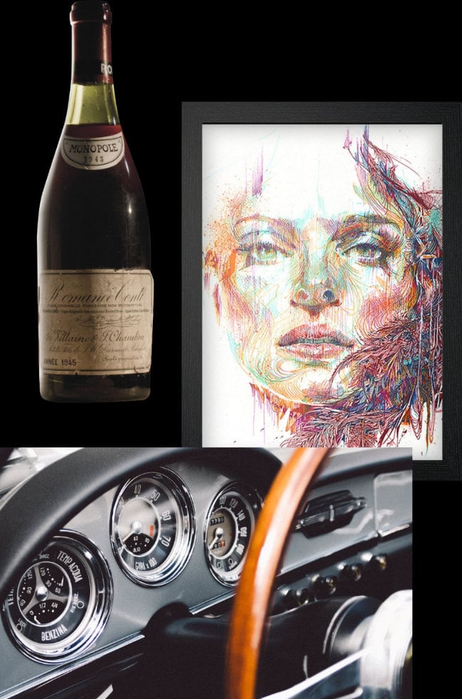 Bottle of wine, collectible painting and classic car dashboard
